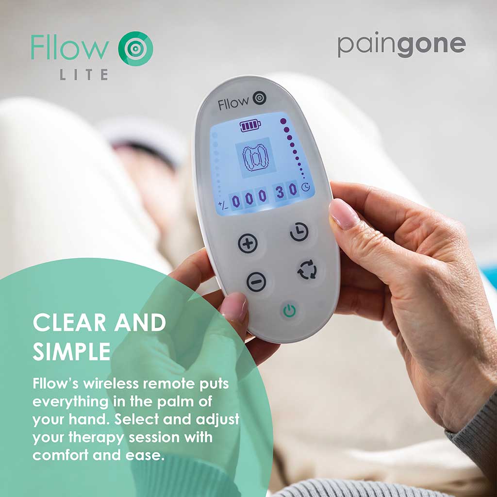 Fllow's wireless remote puts everything in the palm of your hand. Select and adjust your therapy session with comfort and ease.