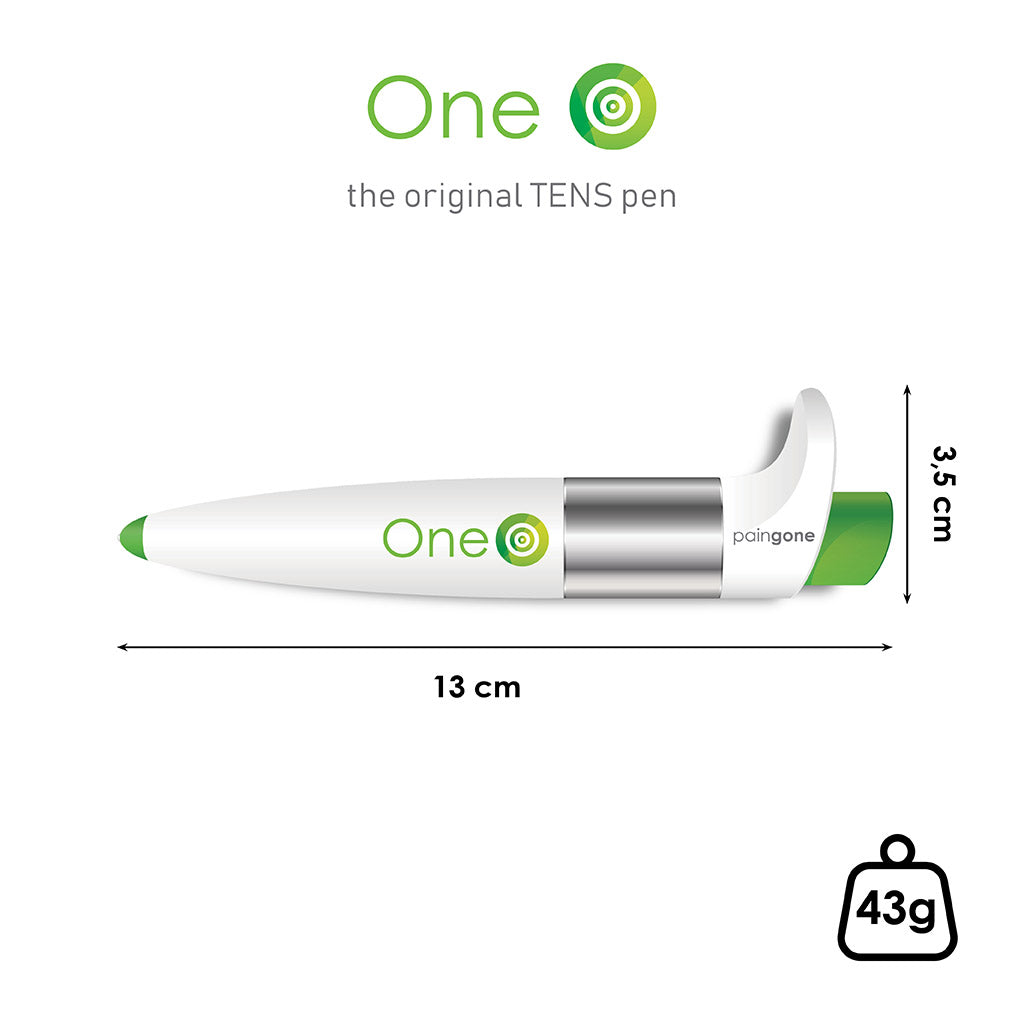 Paingone One 3,5cm by 13cm and weighs 43g
