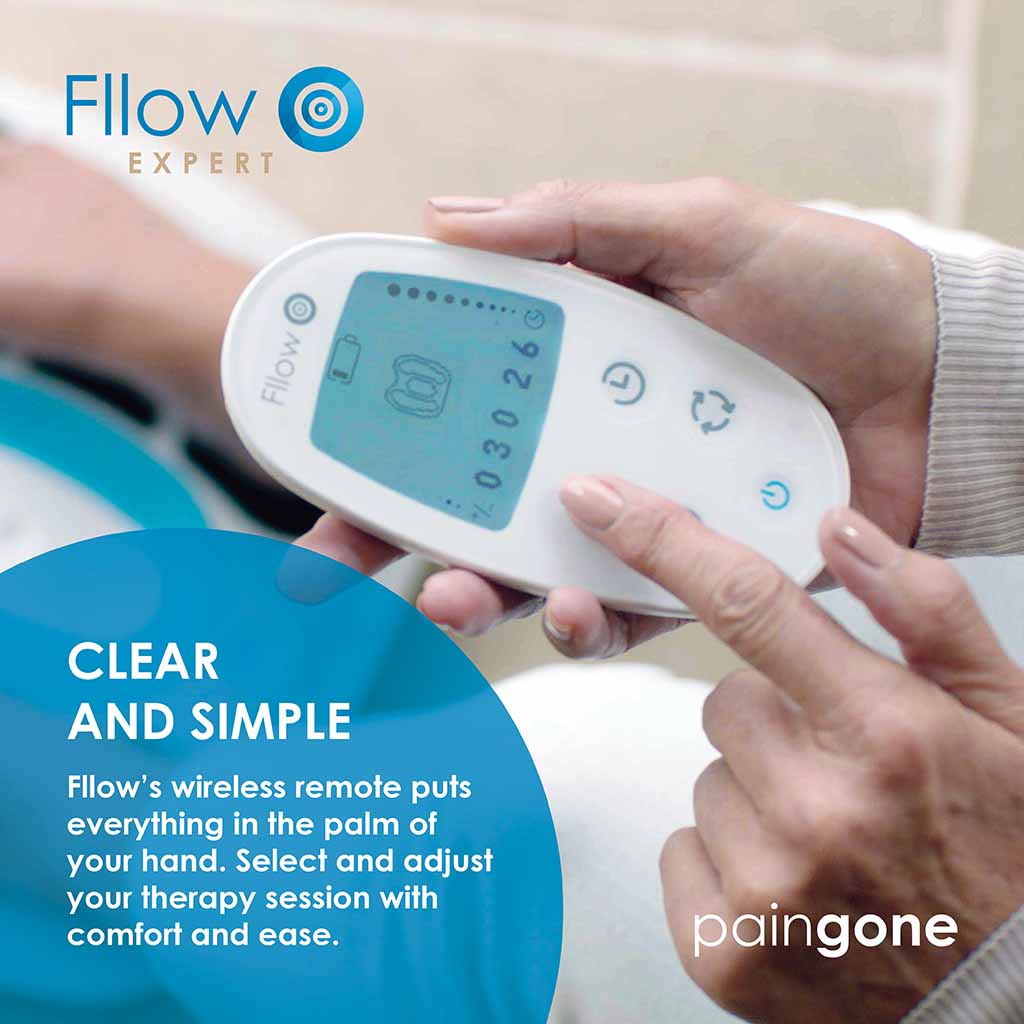Fllow's wireless remote puts everything in the palm of your hand. Select and adjust your therapy session with comfort and ease.